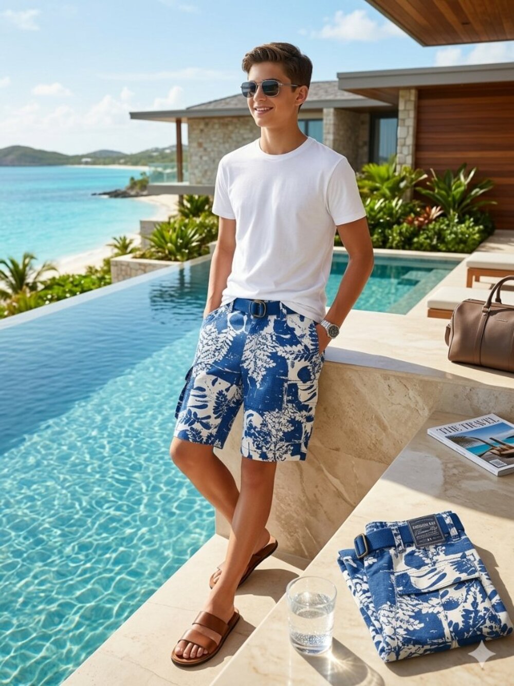 NWT American Rag Boy W31 Cargo Short Blue/White Floral 6-Pocket 100% Cotton Belt
